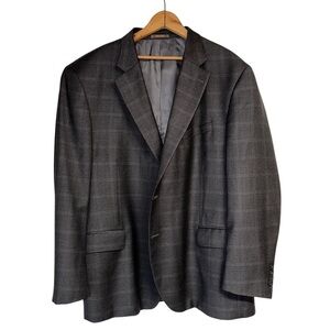 Peter Millar Men’s Luxury 50R Wool Blazer Grey Blue Windowpane Plaid Sport Coat